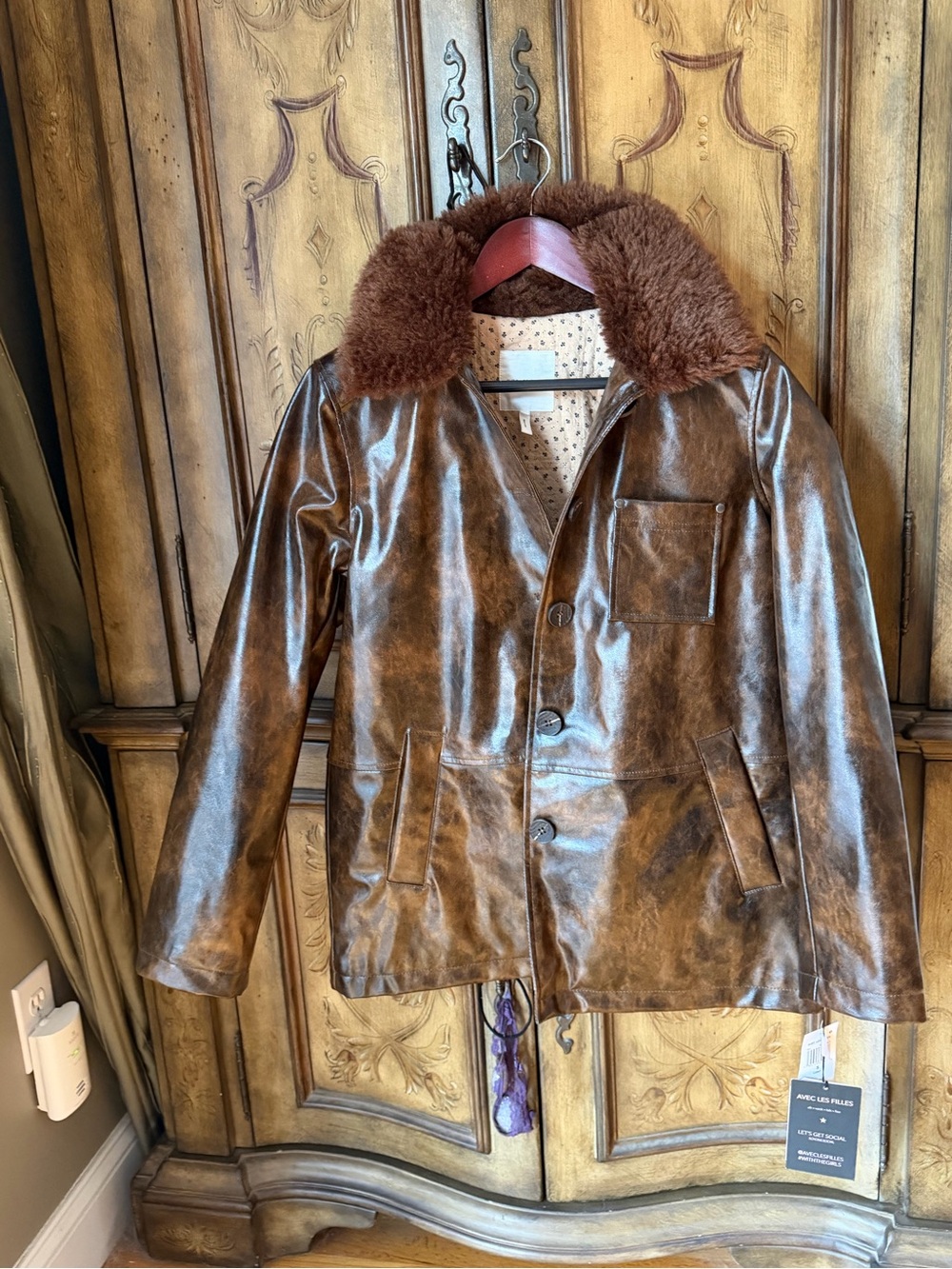 Avec Les Filles Brown Faux Leather Jacket with Plush Collar